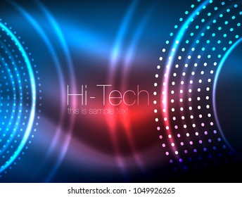 Magic neon circle shape abstract background, shiny light effect template for web banner, business or technology presentation background or elements, vector illustration. Disco or party design