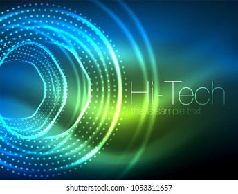Magic neon circle shape abstract background, shiny light effect template for web banner, business or technology presentation background or elements, vector illustration. Disco or party design