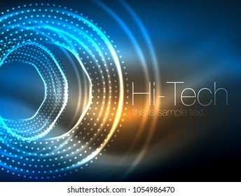 Fondo abstracto de forma de círculo de neón mágico, plantilla de efecto luminoso brillante para banner web, fondo o elementos de presentación de negocios o tecnología, ilustración vectorial. Diseño de disco o fiesta