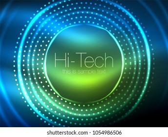 Magic neon circle shape abstract background, shiny light effect template for web banner, business or technology presentation background or elements, vector illustration. Disco or party design