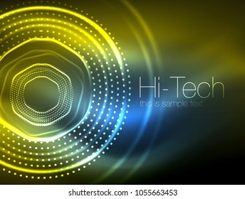 Magic neon circle shape abstract background, shiny light effect template for web banner, business or technology presentation background or elements, vector illustration. Disco or party design