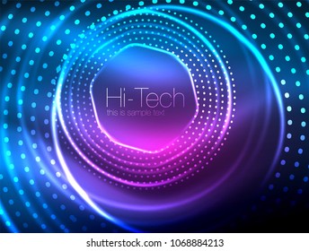 Fondo abstracto de forma de círculo de neón mágico, plantilla de efecto luminoso brillante para banner web, fondo o elementos de presentación de negocios o tecnología, ilustración vectorial. Diseño de disco o fiesta