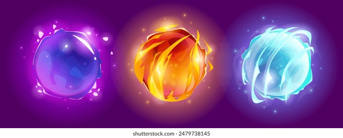 Magic neon color planets set isolated on background. Vector cartoon illustration of space globes glowing with shimmering particles, ice and fire surface, cosmic galaxy adventure game design elements