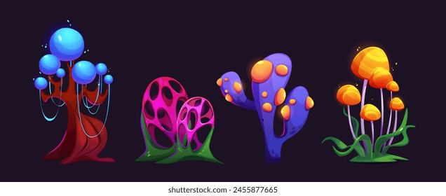 Magic neon color plants set isolated on black background. Vector cartoon illustration of fairytale tree, flower, mushroom glowing in blue, pink, yellow colors, fantasy wonderland design elements