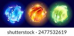 Magic neon glow ball for game ui design. Cartoon vector set of fantasy energy orb. Blue, orange and green fireball with electric light effect. Wizard or futuristic lightning power plasma sphere.