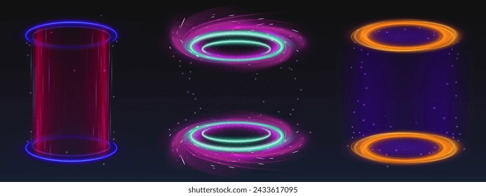 Magic neon glow portal for game ui design. Realistic vector circle podium with luminous beams and rings with light effect for time travel or product display. Futuristic teleport technology concept.