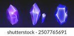 Magic neon glowing colour gem stone crystal on black background. Realistic 3d vector illustration set of fantasy shiny treasure gemstones. Precious jewel mineral rock cluster. Shiny crystalline piece.
