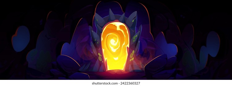 Magic neon glowing portal door in dark underground cave. Cartoon vector illustration of dungeon landscape with stone walls, stalactites and teleport arch with luminous yellow fantastic entrance.