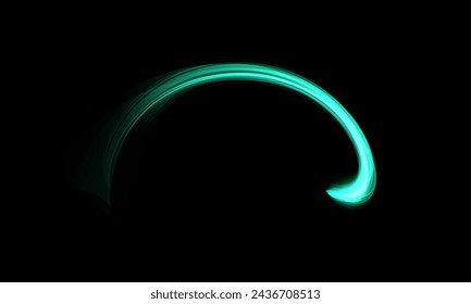 Magic neon green swirl trail with glowing effect. A realistic 3D vector vortex, ideal for depicting wind currents or magic spells on a black background.