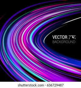 Magic Neon Light. Colorful Waves. Abstract Motion Light Background. Shining Laser Line Space. Realistic Elements. Template Cover Flyers Print Web Banner. Vector Illustration Black Background.