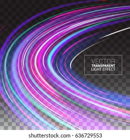 Magic Neon Light. Colorful Waves. Abstract Motion Light Background. Shining Laser Line Space. Realistic Elements. Template Cover Flyers Print Web Banner. Vector Illustration Transparent Background.