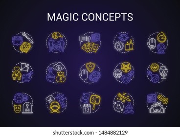 Magic neon light concept icons set. Occultism, sorcery and witchcraft idea. Glowing sign with alphabet, numbers and symbols. Vector isolated illustration. Various spells and alchemy potions