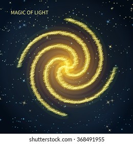 magic neon light curved lines galaxy on starry sky background
