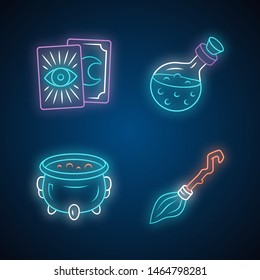 Magic neon light icons set. Tarot cards, potion, witch cauldron and broomstick. Witchcraft and sorcery Halloween items. Glowing signs. Vector isolated illustrations