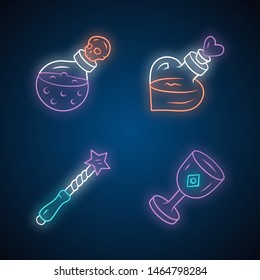 Magic neon light icons set. Magical death and love potions, witch wand, ceremonial chalice. Witchcraft, occult ritual items. Mystery objects. Glowing signs. Vector isolated illustrations