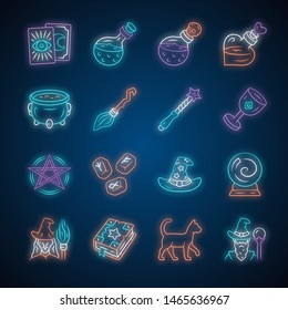 Magic neon light icons set. Witchcraft, sorcery Halloween items. Occult, gypsy rituals tools. Fortune telling, divination. Superstitions & predictions. Glowing signs. Vector isolated illustrations