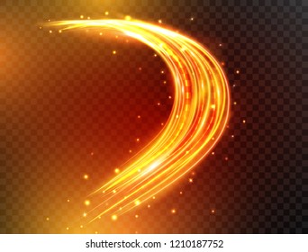 Magic neon light lines. Glowing fire curves with sparkles isolated on transparent background. Futuristic waves in speed motion. Swirl trail effect. Vector illustration.