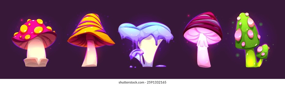 Magic neon mushrooms set isolated on black background. Vector cartoon illustration of fantasy alien plants glowing in fairytale forest, poisonous fungus for witch potion, wonderland landscape element