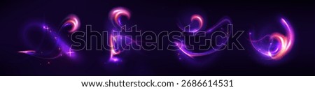 Magic neon swirls set isolated on black background. Vector realistic illustration of abstract color waves glowing in dark, fantasy fairy trail, shimmering purple, blue and orange glitter dust effect