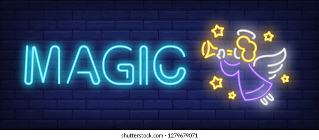 Magic neon text with cute angel blowing trumpet. Christmas or Easter design element. Night bright neon sign, colorful billboard, light banner. Vector illustration in neon style.