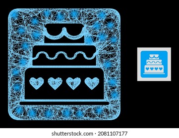Torta mágica de matrimonio neto con manchas claras sobre un fondo negro. Constelación vectorial brillante basada en el icono de la tarta matrimonial, con puntos lineales de red y luz.