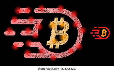 Magische Netzbitze mit Leuchtpunkten auf schwarzem Hintergrund. Leichte Vektorstruktur auf der Grundlage von Bitcoin-Piktogramm, mit unregelmäßigem Netzwerk und Lichtpunkten.