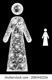 Magic net mesh bride with light spots on a black background. Light vector constellation based on bride glyph, with intersected net and light spots.