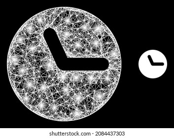 Magic net mesh clock with light spots on a black background. Light vector mesh created from clock picture, with linear mesh and light dots.