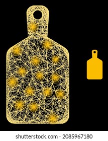 Magic net mesh cutting board with light spots on a black background. Light vector mesh based on cutting board pictogram, with irregular mesh and light dots.