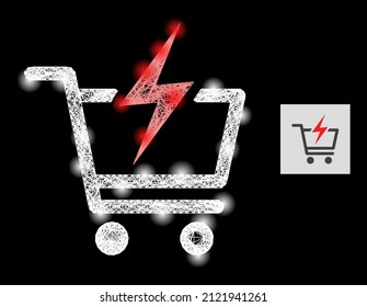 Magic net mesh instant shopping with light spots on a black background. Light vector constellation is based on instant shopping icon, with linear mesh and light dots.