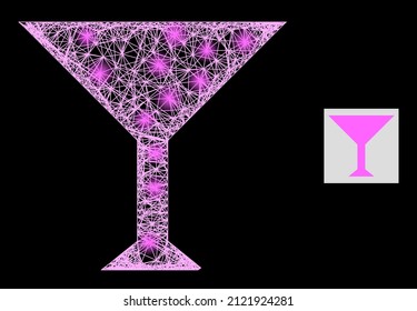 Magische Netzgitter-Netztreppe mit leuchtenden Flecken auf schwarzem Hintergrund. Leichte Vektorgitter werden aus Martini-Becher-Glyph, mit linearem Netz und Lichtflecken hergestellt.