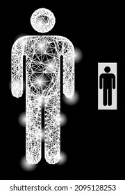 Magic net mesh person icon with light spots and white mesh on a black background. Illuminated vector model based on person icon, with irregular white net and random light spots.