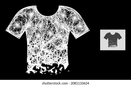 La malla de malla mágica orgaba la camiseta con manchas claras sobre un fondo negro. Estructura vectorial de luz basada en glifo de camiseta con malla interseccionada y puntos de luz.