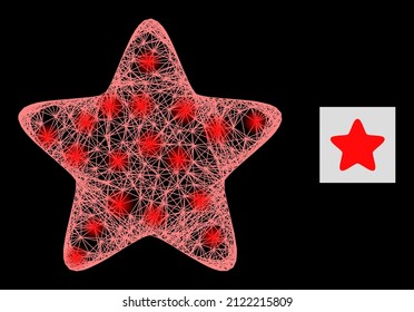 Magic net mesh red star with light spots on a black background. Bright vector mesh created from red star glyph, with hatched net and light dots.
