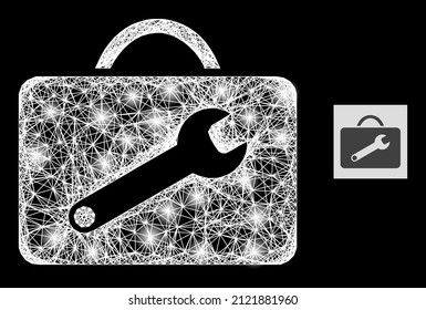 Magic net mesh service toolkit with lightspots on a black background. Light vector mesh based on service toolkit icon, with intersected mesh and light spots.