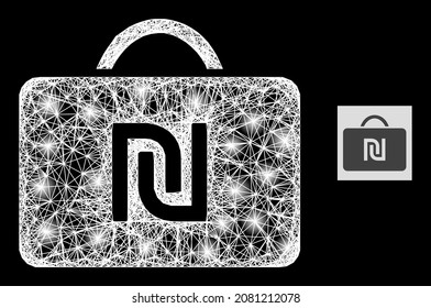 Magic net mesh shekel case with light spots on a black background. Bright vector mesh created from shekel case pictogram, with intersected net and light spots.