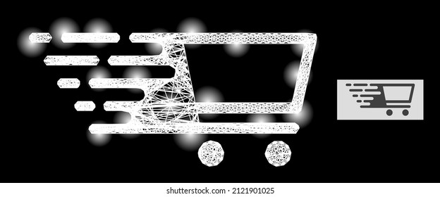 Magic net mesh shopping cart with lightspots on a black background. Bright vector mesh is based on shopping cart glyph, with linear net and lightspots.