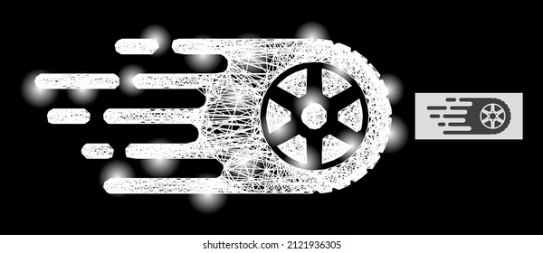 Magic net mesh tire wheel with light spots on a black background. Illuminated vector constellation is based on tire wheel glyph, with intersected net and light spots.
