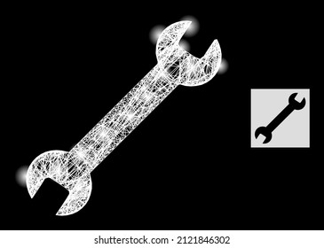 Magic net mesh wrench with glowing spots on a black background. Bright vector mesh based on wrench picture, with hatched net and lightspots.