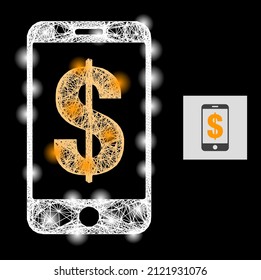 Magic net mobile dollar bank with light spots on a black background. Light vector constellation is created from mobile dollar bank pictogram, with hatched network and light spots.