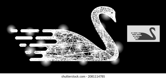 Magic net swan with light spots on a black background. Bright vector model is based on swan symbol, with linear net and light spots.