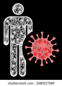 Magic network infected man with light spots on a black background. Illuminated vector structure is based on infected man pictogram, with linear network and light spots.