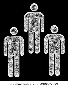 Magic network people with glowing spots on a black background. Light vector model is based on people picture, with hatched network and light spots.