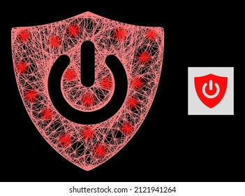 El escudo mágico de red se apaga con focos en un fondo negro. El modelo vectorial de luz se basa en el pictograma de apagado de escudo, con red lineal y puntos de luz.