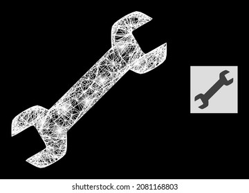 Magic network wrench with light spots on a black background. Light vector constellation based on wrench pictogram, with hatched mesh and light dots.