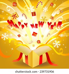 Magic new year box, vectro illustration for greeting card or banner