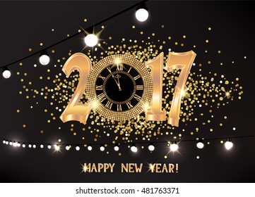 Magic new year composition with gold sparkling clock and garlands of lights