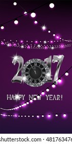 Magic new year composition with sparkling silver clock and garlands of lights on the purple background. Vector illustration