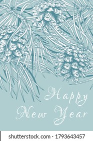 Magic New Year's Card mit einer Kiefernäste und Zapfen. Wintervektorgrafik. hellblauer Hintergrund und weißer Gruß.