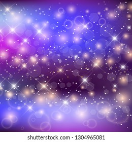 Magic Night Background With Rainbow Mesh. Kawaii Universe Banner In Princess Colors. Fantasy Gradient Backdrop With Hologram. Holographic Magic Background With Fairy Sparkles, Stars And Blurs. Vector